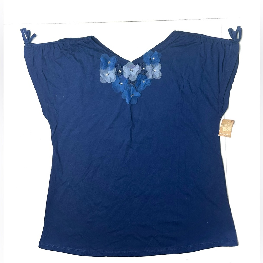 Arizona Women’s 20 1/2 XXL Floral Top Blouse Embroidered Rhinestone Tee Blue